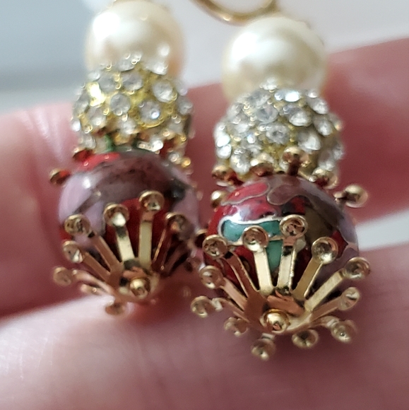 Antique Miriam Haskell Frank Hess cloisonne pave disco ball pearl earrings vtg - Picture 7 of 16